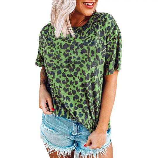 Damen lässiges Leoprint T-Shirt mit weichem Stoff und lockerer Passform