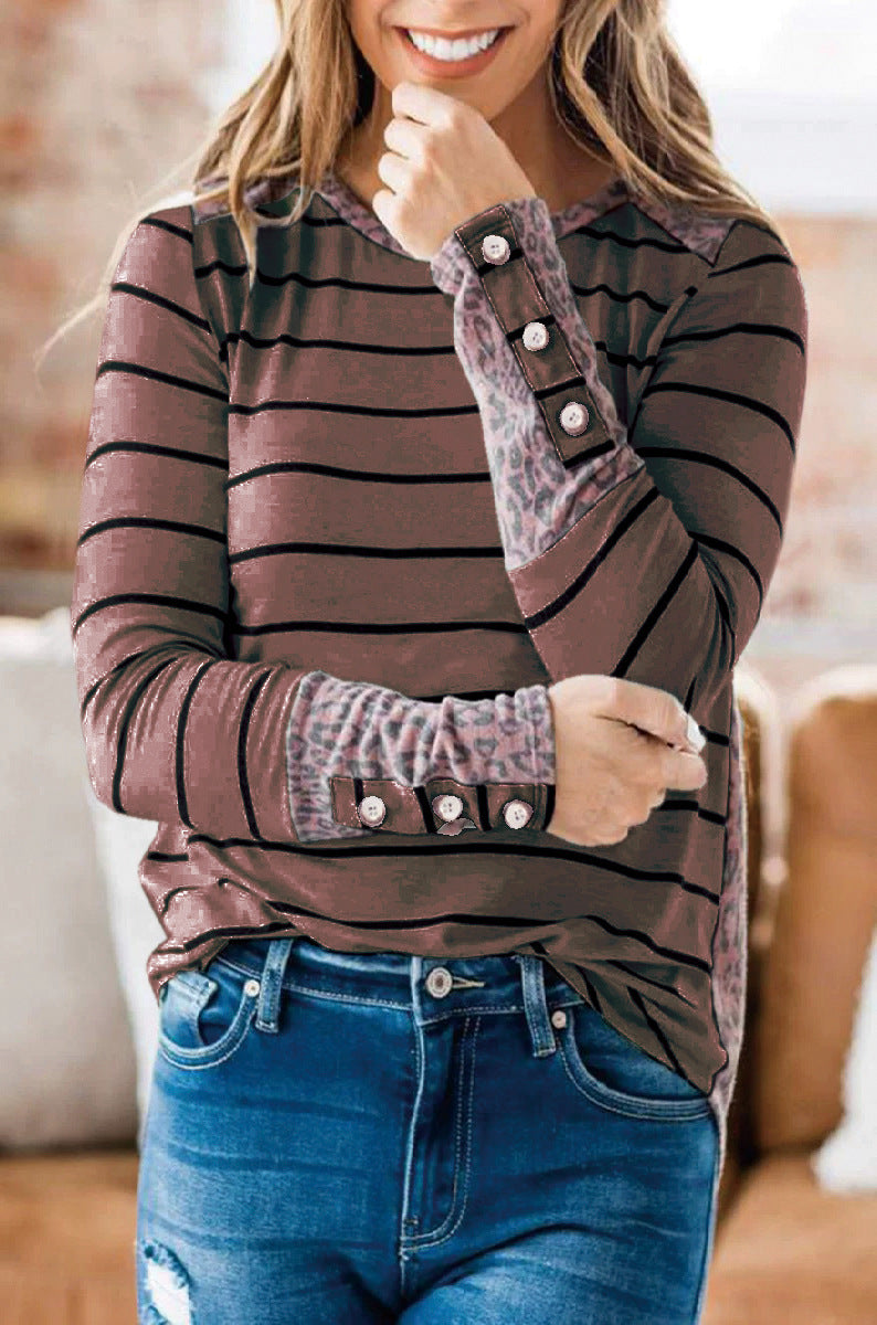 Damen Lässiges Streifen‑Langarmshirt mit Knopfmanschetten und Leo‑Kontrast Shop Nory