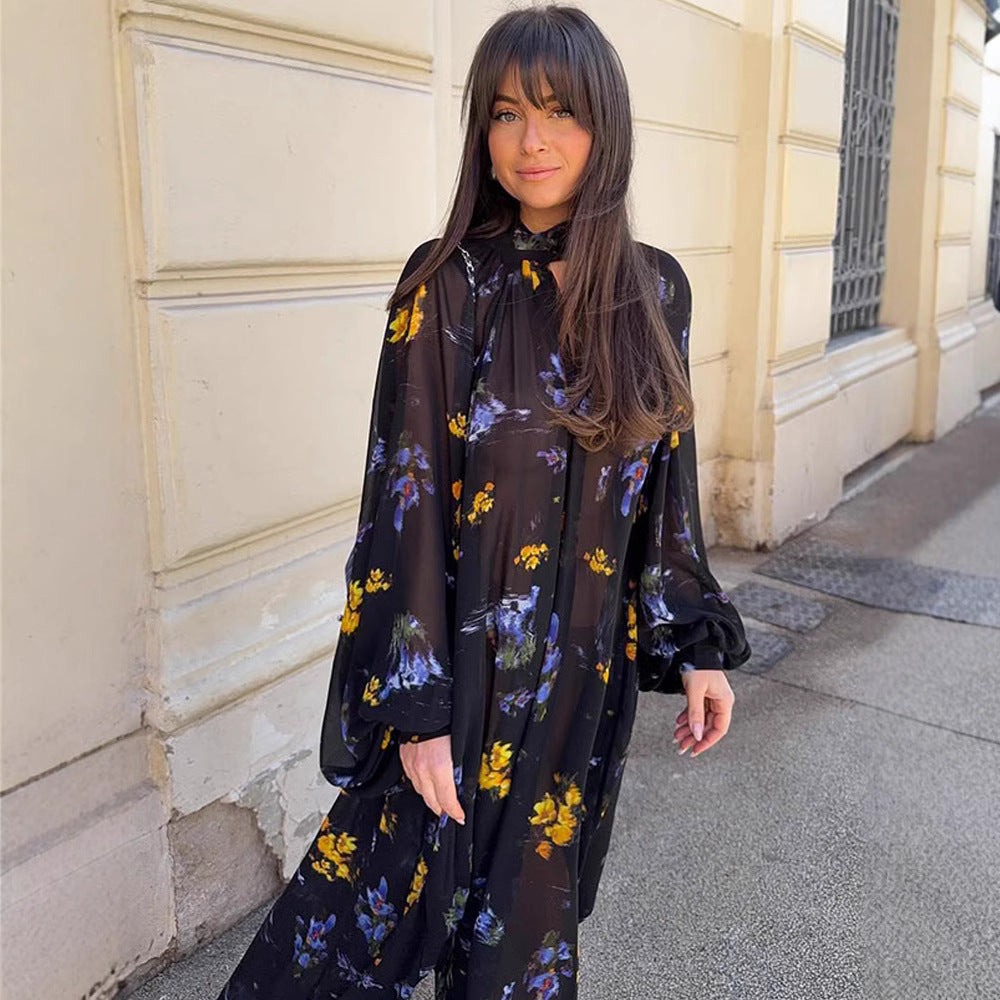 Damen Chiffon-Maxikleid mit Stehkragen, Keyhole-Ausschnitt & voluminösen Ballonärmeln Shop Nory