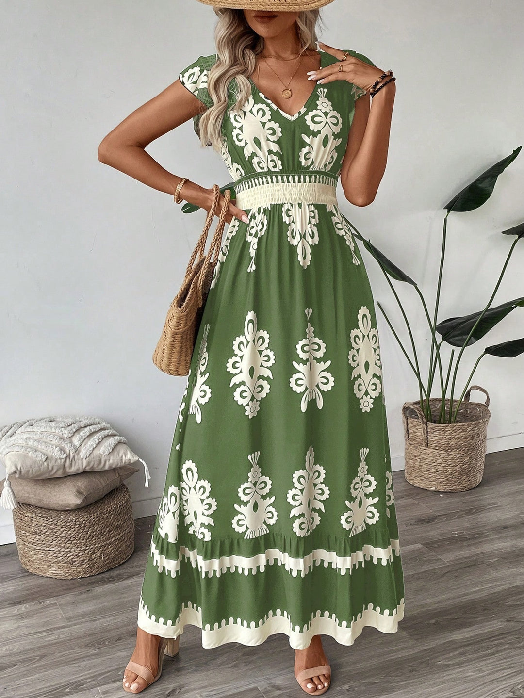 Damen Boho-Langkleid mit V‑Ausschnitt, tailliertem Stretch-Bund und kontrastierendem Ornamentdruck Shop Nory