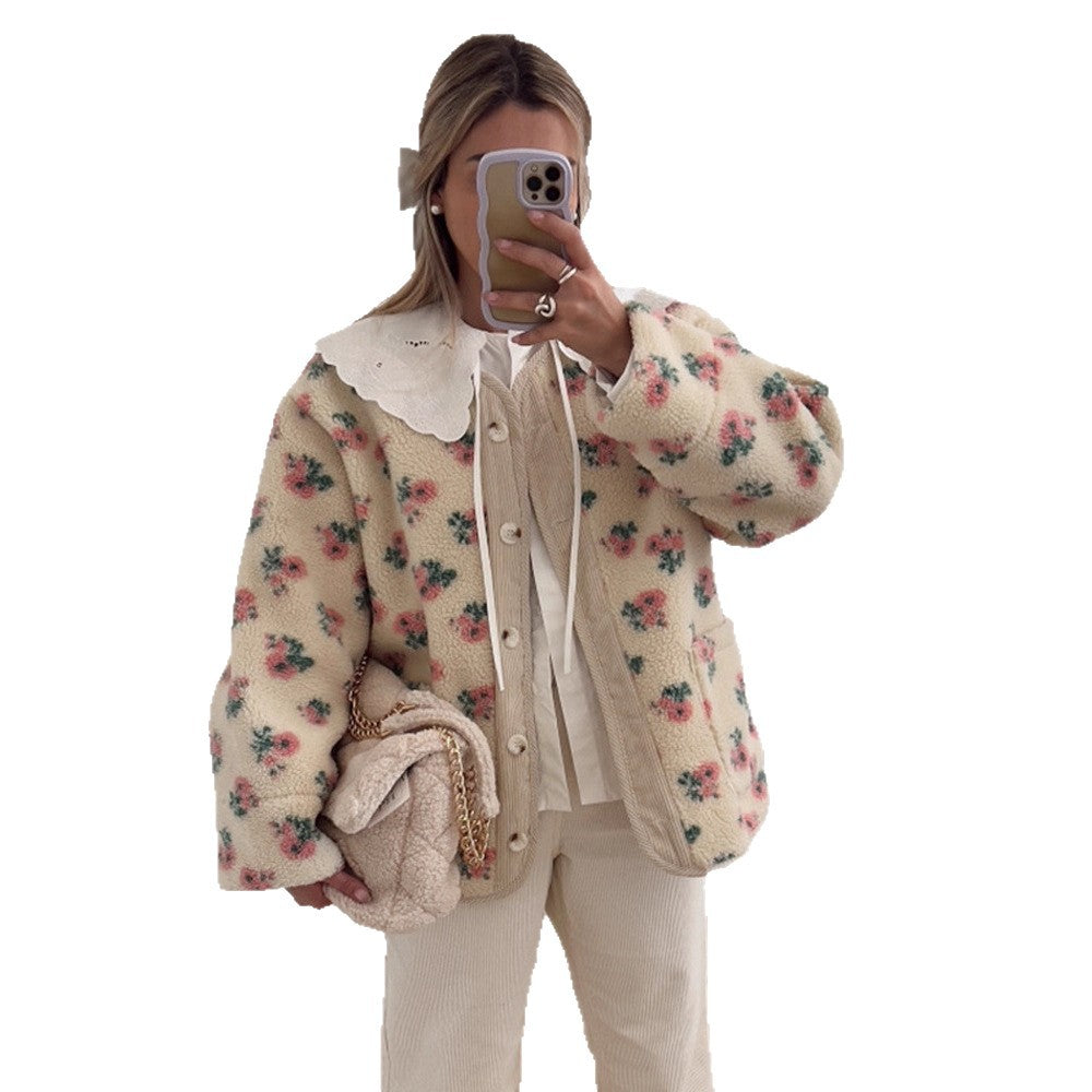 Damen Teddy-Fleecejacke mit Blumendruck, Cordleiste, Pattentaschen und übergroßem Spitzenkragen Shop Nory