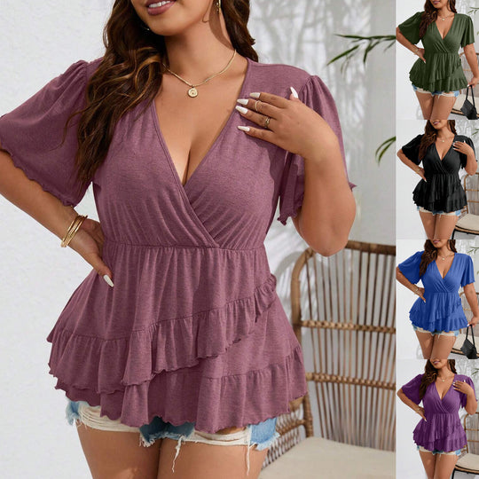 Damen Wickelshirt mit V-Ausschnitt, geraffter Taille und gestuften Volants Shop Nory