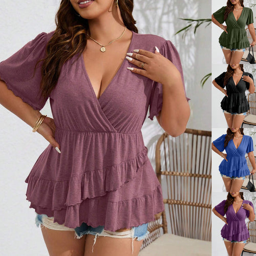 Damen Wickelshirt mit V-Ausschnitt, geraffter Taille und gestuften Volants Shop Nory