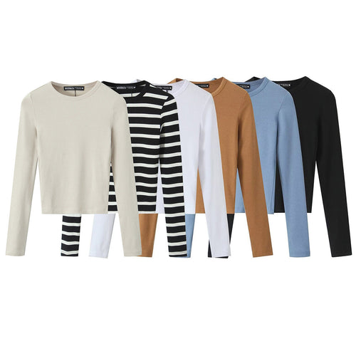 Damen Gestreiftes Cropped-Langarmshirt mit Rundhalsausschnitt Shop Nory