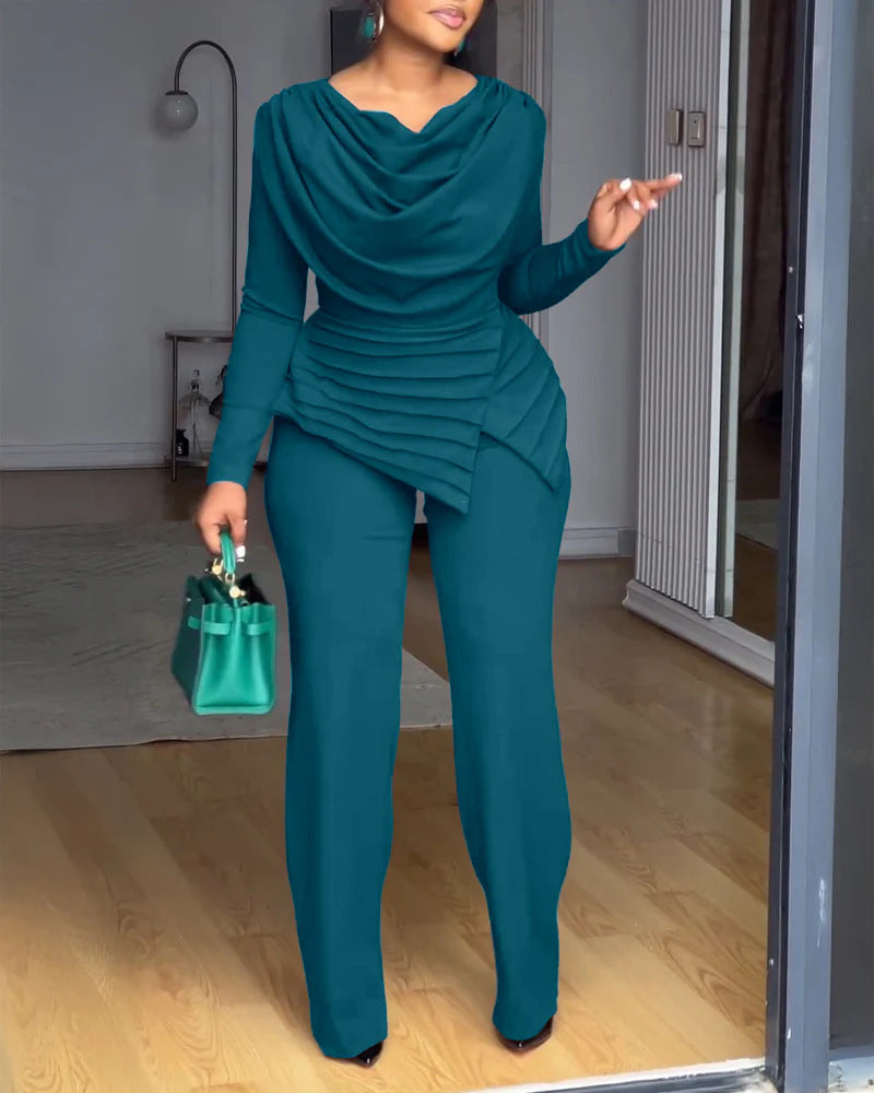 Damen Zweiteiliges Ensemble mit Wasserfall-Drapé-Oberteil, abgestuftem Peplum und gerader Bundfalten-Hose Shop Nory