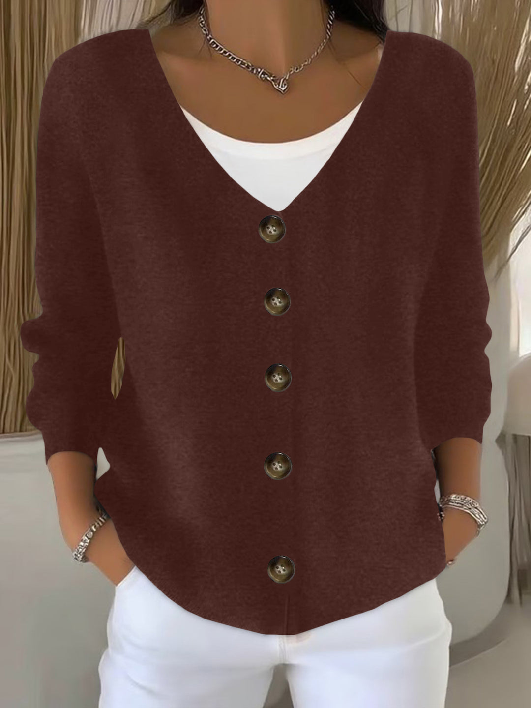 Damen Lockerer V-Ausschnitt Feinstrick-Cardigan mit Holzknopfleiste Shop Nory