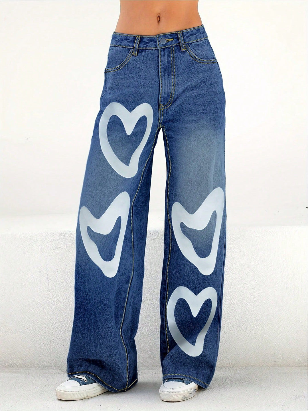 Damen High-Waist Wide-Leg-Jeanshose mit großflächigem Herz-Print Shop Nory