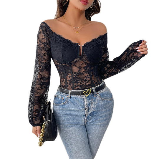 Damen Off-Shoulder Spitzen-Corsage-Body mit eingearbeiteten Stäbchen und transparenten Ärmeln Shop Nory