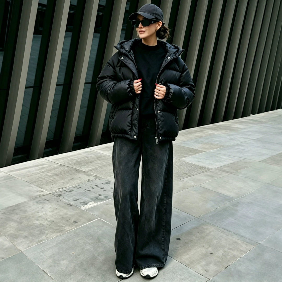 Damen Oversize-Steppmantel mit Kapuze, Druckknopfleiste und elastischem Saum Shop Nory