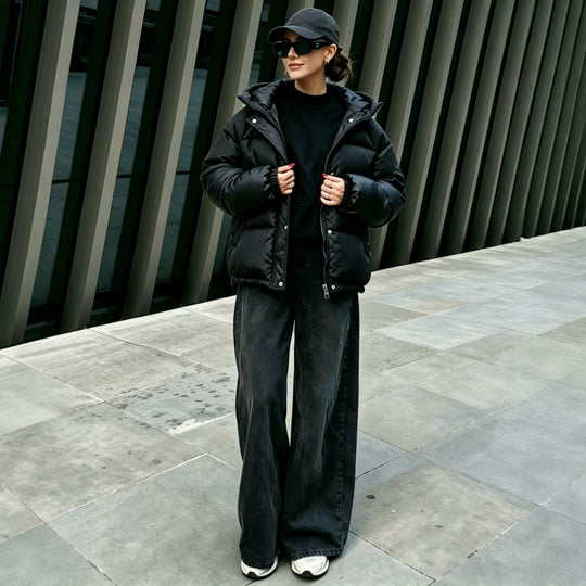 Damen Oversize-Steppmantel mit Kapuze, Druckknopfleiste und elastischem Saum Shop Nory