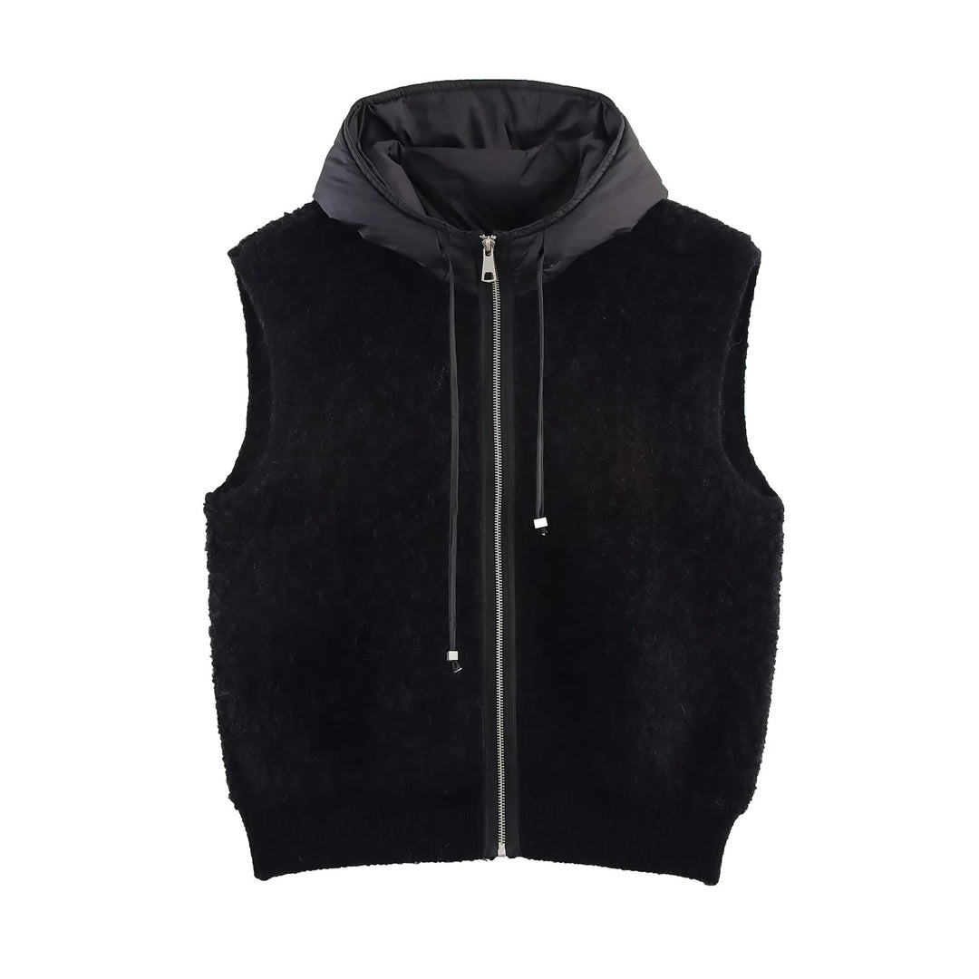 Damen Ärmellose Bouclé-Weste mit Reißverschluss, wattierter Kapuze und Rippbund Shop Nory