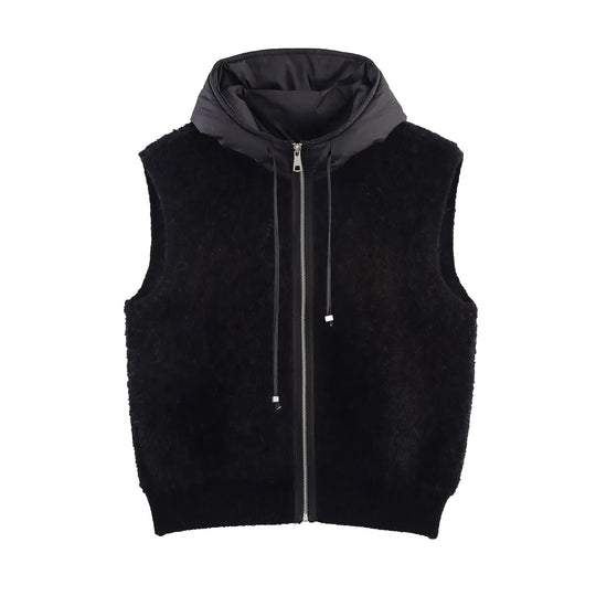 Damen Ärmellose Bouclé-Weste mit Reißverschluss, wattierter Kapuze und Rippbund Shop Nory