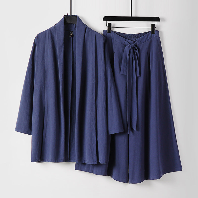 Damen Zweiteiliges Lounge-Set im Kimono-Stil mit offenem Schalkragen und weitem Palazzo-Hosenrock Shop Nory