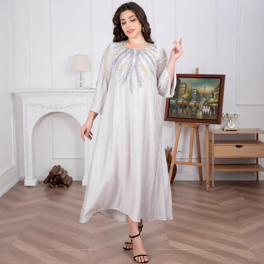 Damen Fließendes Maxikleid mit besticktem Rundhalsausschnitt und 3/4-Ärmeln Shop Nory