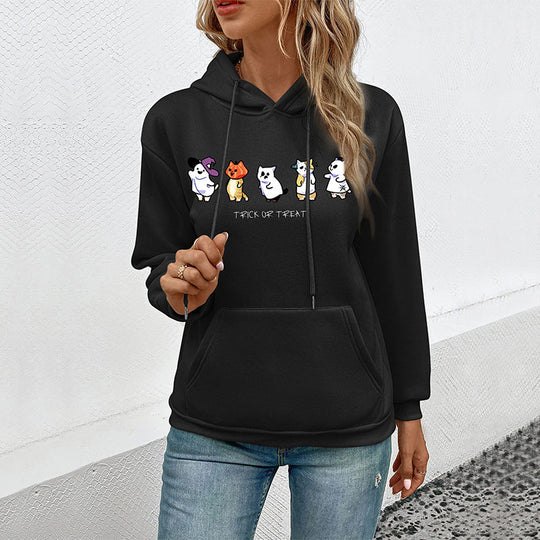 Damen Kapuzenpullover mit Cartoon-Katzen-Motiv, Kängurutasche und weichem Futter Shop Nory