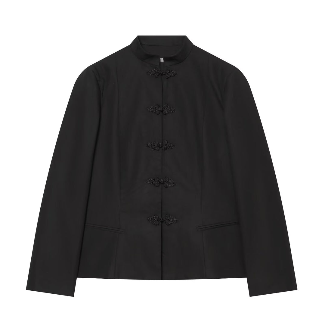 Damen Taillierter Kurzblazer mit Mandarin-Stehkragen und dekorativen Froschverschlüssen Shop Nory