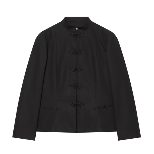 Damen Taillierter Kurzblazer mit Mandarin-Stehkragen und dekorativen Froschverschlüssen Shop Nory