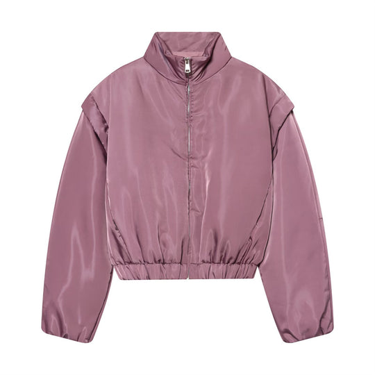 Damen Kurze glänzende Bomberjacke mit Stehkragen, tailliertem Elastbund und verdecktem Reißverschluss Shop Nory