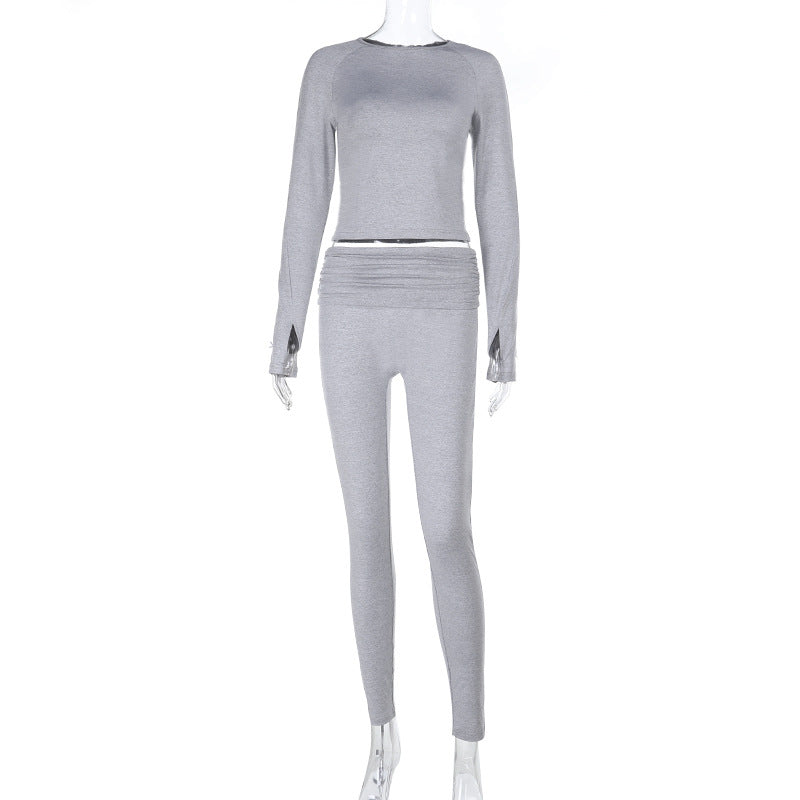 Damen Figurbetontes Stretch-Zweiteiler Lounge-Set mit hohem Rippbund und bauchfreiem Langarmshirt Shop Nory