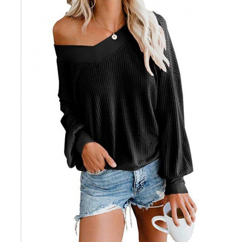 Damen Off‑Shoulder Waffelstrickpullover mit weitem Arm und elastischen Bündchen Shop Nory