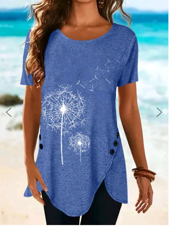 Damen Kurzarmshirt mit asymmetrischem Saum und Dandelion-Print
