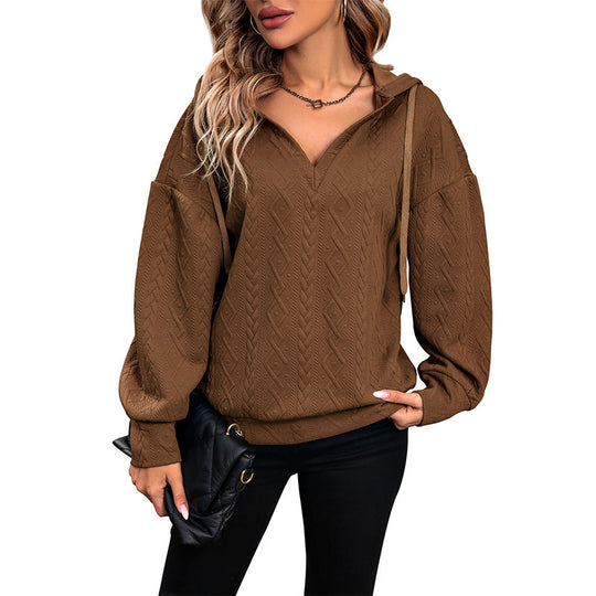 Damen Gemütlicher Strickpullover mit V-Ausschnitt und Kapuze Shop Nory