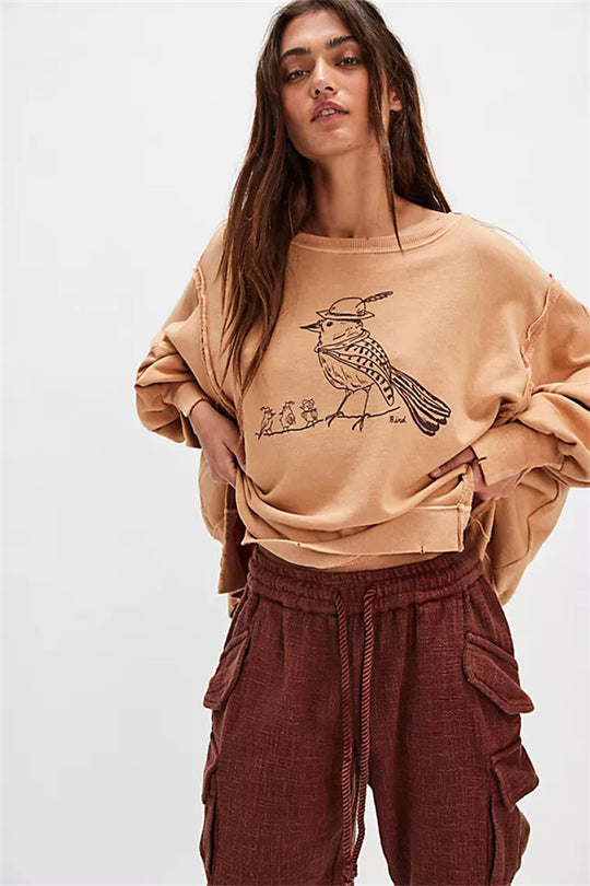 Damen oversized Sweatshirt mit Rüben-Print, ausgefransten Nahtakzenten und Daumenlochärmeln Shop Nory