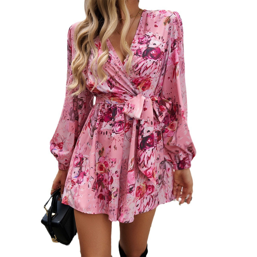 Damen nan Wickelmini-Kleid mit V-Ausschnitt, tailliertem Bindegürtel und ballonärmeln Shop Nory