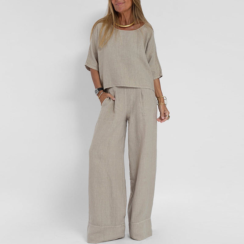 Damen luftiges Leinen-Ensemble mit weitem Schnitt und praktischen Taschen