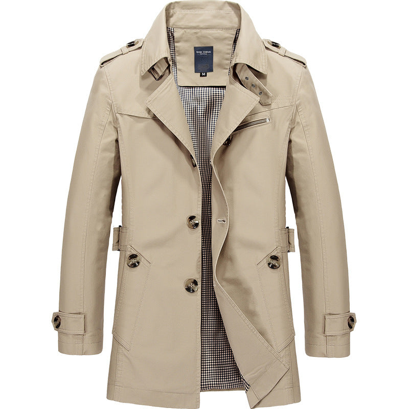 Herren Kurzer Doppelreihiger Trenchcoat mit Reverskragen, Schulterklappen und karierter Innenfütterung Shop Nory