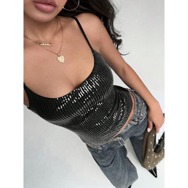 Damen Elegantes Spaghetti-Träger-Top mit Pailletten und figurbetontem Schnitt