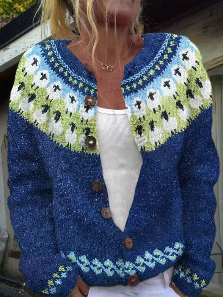 Damen nan gemusterte Strickjacke mit Rundpasse, Holzknöpfen und Eingrifftaschen Shop Nory