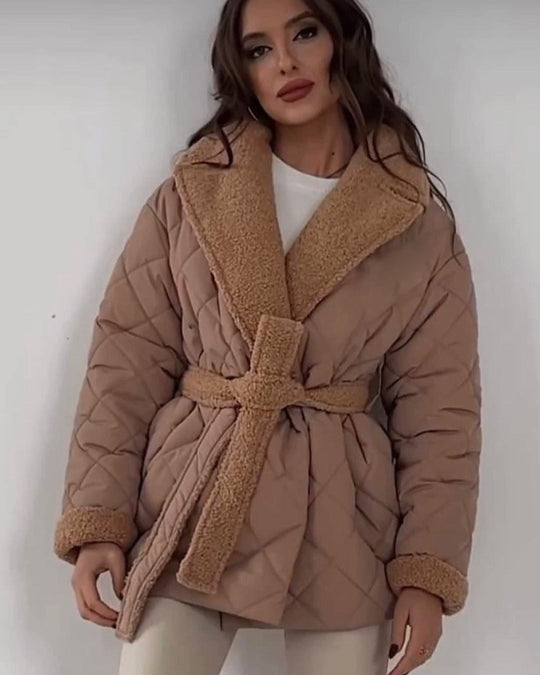 Damen Steppjacke mit Teddy-Futter Taillengürtel und großem Schalkragen Shop Nory