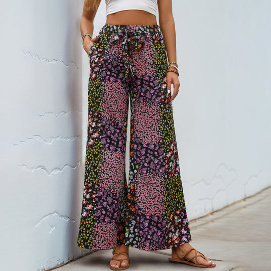 Damen Weite High-Waist Palazzo-Hose mit floralem Patchworkprint, Tunnelzug und Seitentaschen Shop Nory