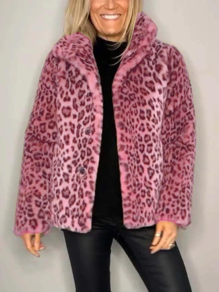 Mantel - Kunstpelz - Oversized Fit - Reverskragen - Leopardenprint