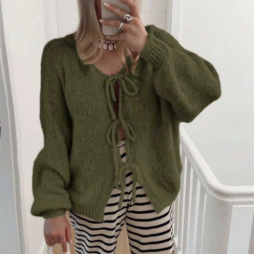 Damen Grobgestrickter Offener Cardigan mit Bindebändern, Oversize‑Silhouette und Raglanärmeln Shop Nory