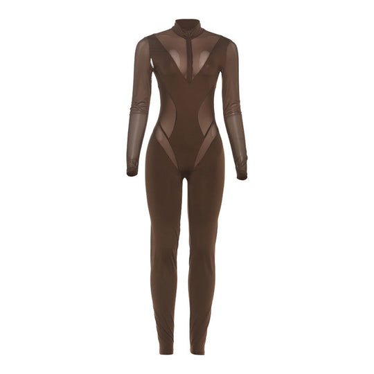 Damen Eleganter Catsuit mit transparenten Einsätzen und hohem Kragen