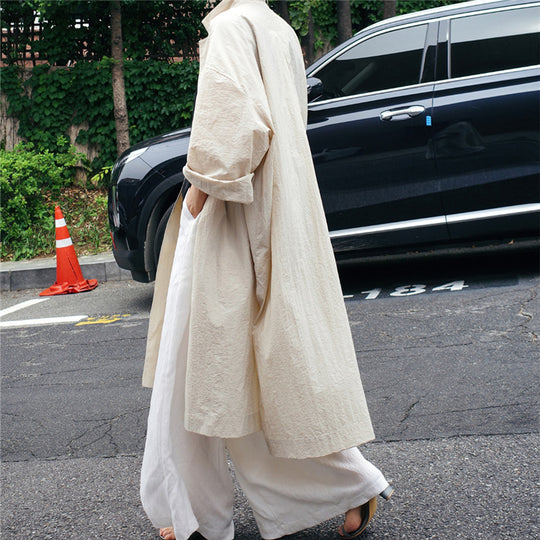Damen Leichter Long-Duster im Crinkle-Look mit Stehkragen, tiefen Seitenschlitzen und Eingrifftaschen Shop Nory