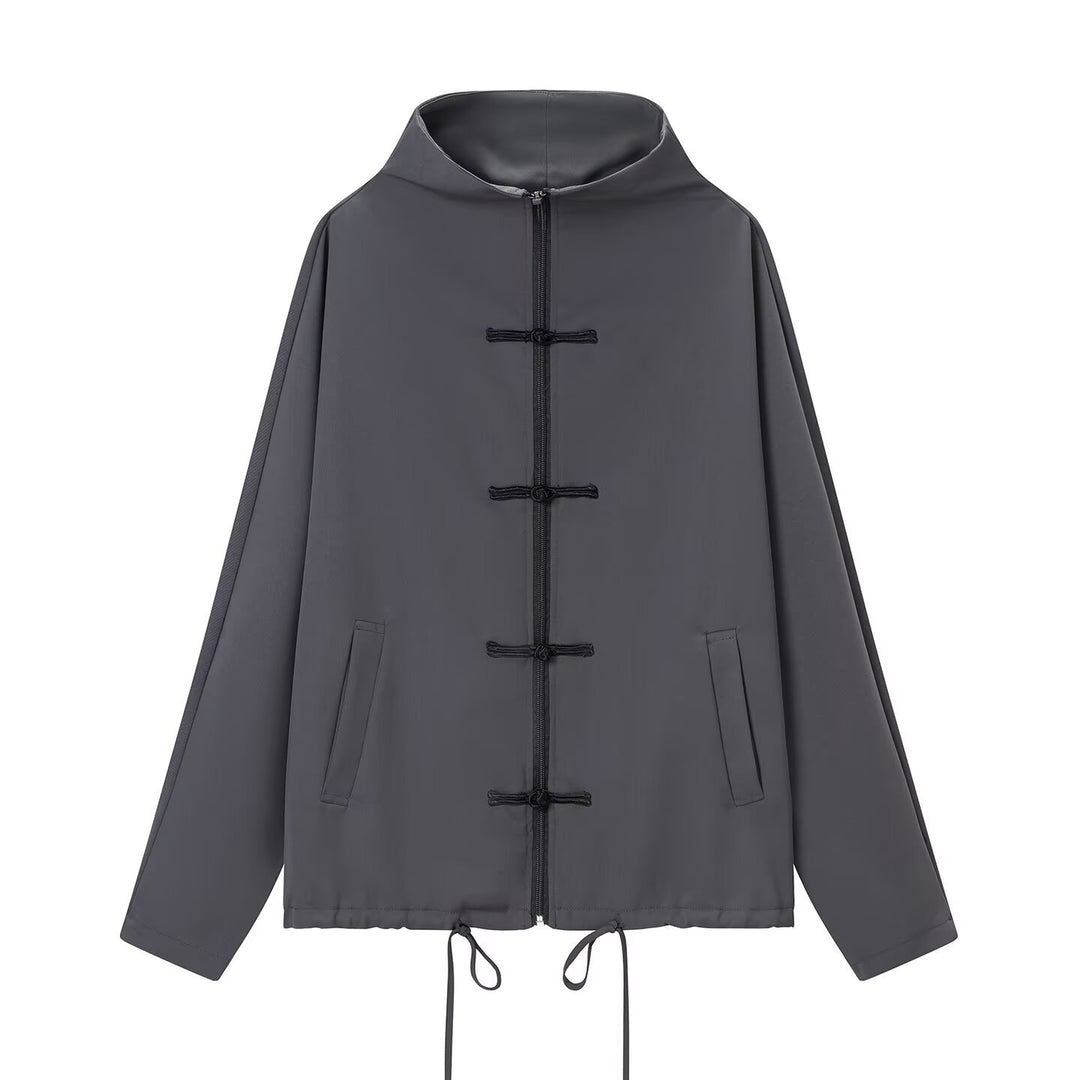 Damen leichte Boxy-Jacke mit Stehkragen, Zipper-Front, Kordelzug und dekorativen Knotenverschlüssen Shop Nory