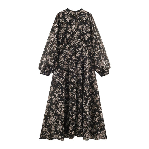 Damen Geblümtes Midikleid mit Faltenoberteil, Stehkragen und Ballonärmeln Shop Nory
