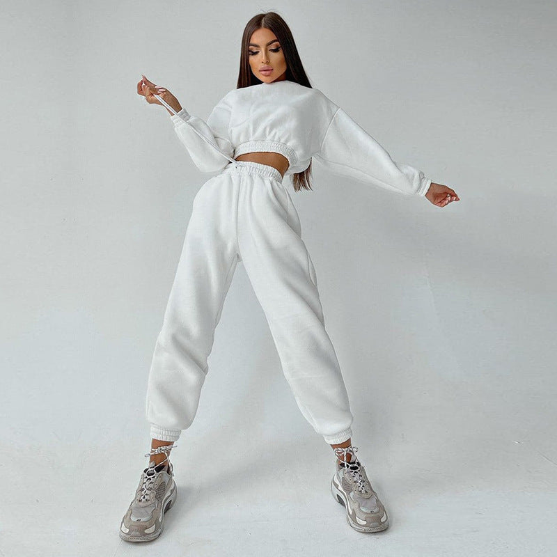 Damen cropped Stehkragen-Sweatset mit elastischem Taillenbund und hochtaillierter Tapered-Jogginghose Shop Nory
