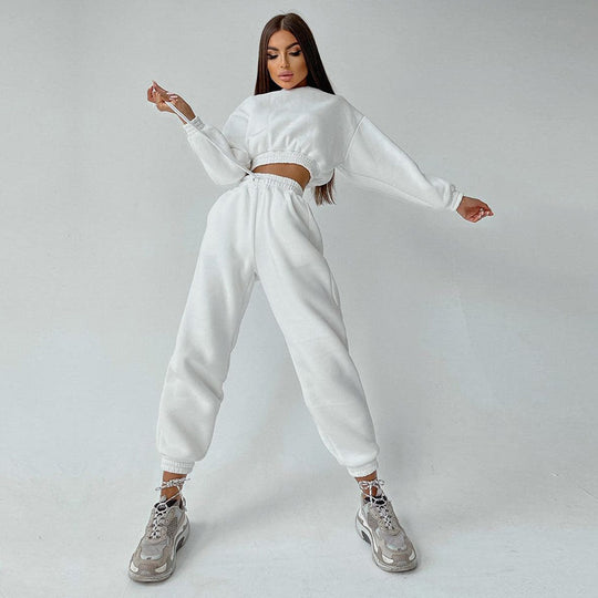 Damen cropped Stehkragen-Sweatset mit elastischem Taillenbund und hochtaillierter Tapered-Jogginghose Shop Nory