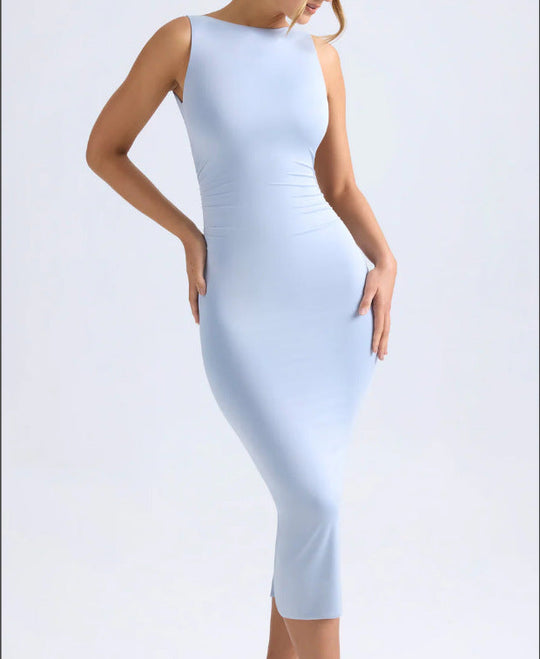 Damen Figurbetontes Midikleid mit schmalem Schnitt und elegantem Ausschnitt Shopnory