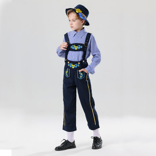 Herren nan bestickte Kindertracht Latzhose mit verstellbaren Hosenträgern und Kontrastnähten Shop Nory