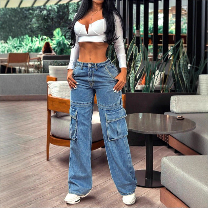 Damen tiefsitzende Wide‑Leg Cargo-Jeans mit XXL-Klappentaschen Shop Nory