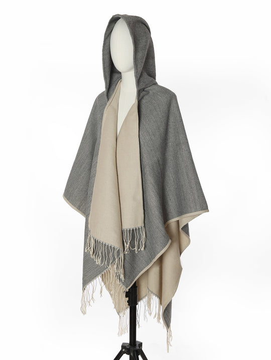 Damen Kapuzencape im Oversize-Überwurf aus Wollmix mit Wendefunktion und Fransensaum Shop Nory