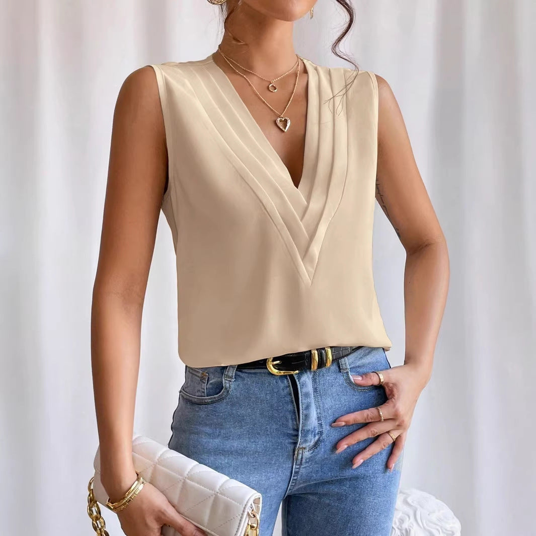 Damen Ärmellose Bluse mit plissiertem V-Ausschnitt und leichtem Satinfall Shop Nory