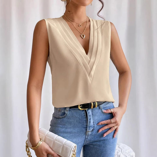 Damen Ärmellose Bluse mit plissiertem V-Ausschnitt und leichtem Satinfall Shop Nory