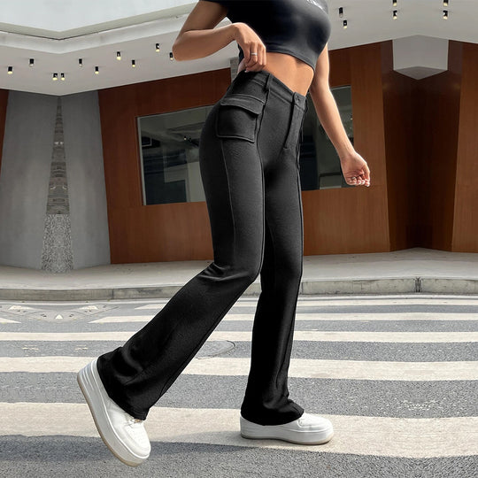 Damen hochgeschnittene Cargo-Hose mit frontnaht, ausgestelltem Bein und aufgesetzten Pattentaschen Shop Nory