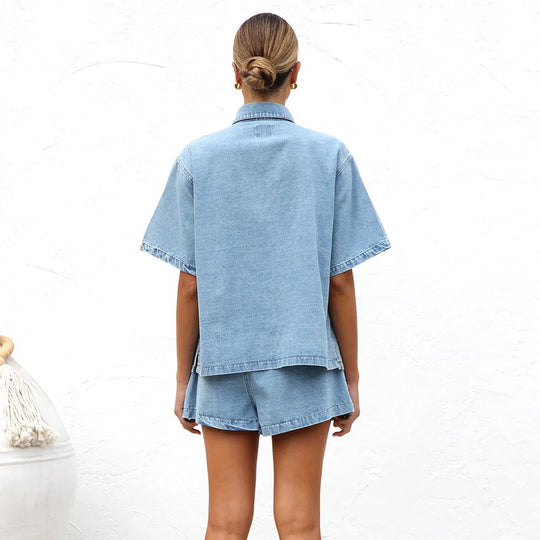 Damen lässige Kurzarm-Jeansbluse mit passender Shorts